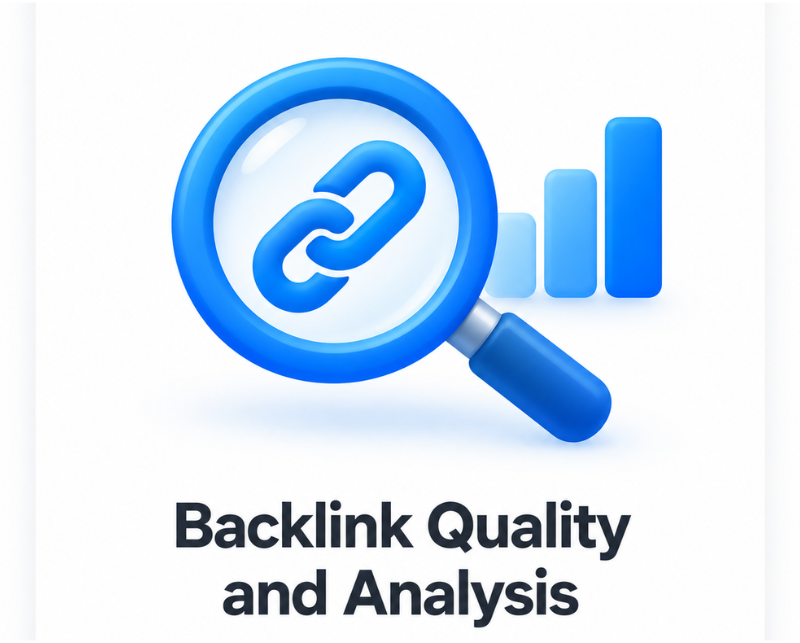 Magnifying glass examining a chain link and chart representing the Backlink Quality and Analysis category